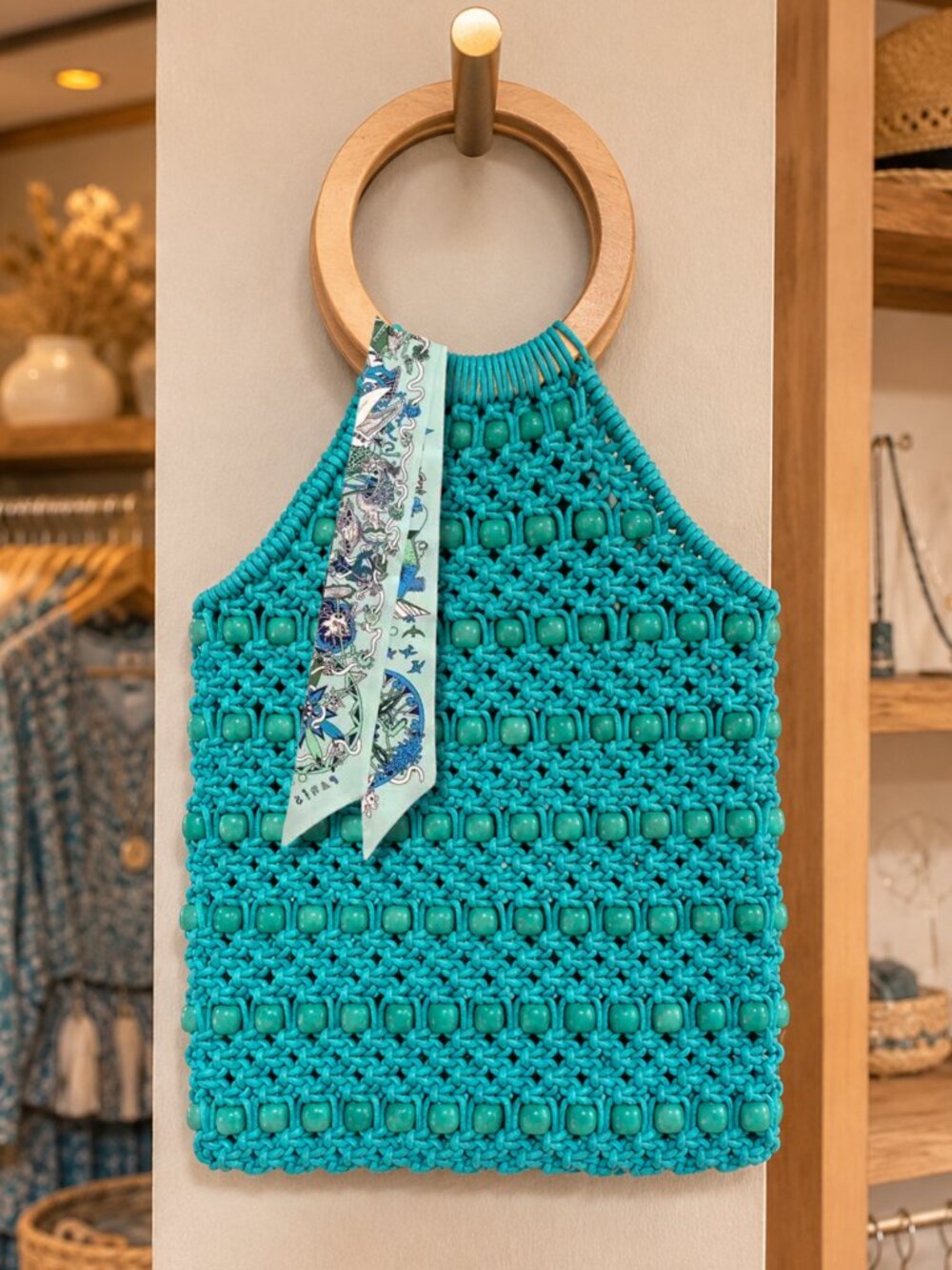 Green Turquoise Macrame Crochet Knit Beaded Boho Wood Handle Tote Handbag